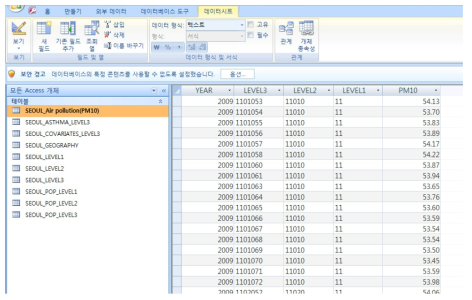 대기오염-천식 환경보건 감시체계 시범적용 미세먼지 농도 DB(예시)