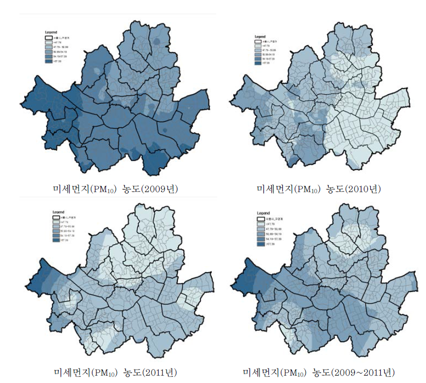 서울시의 연도별 미세먼지 농도 분포