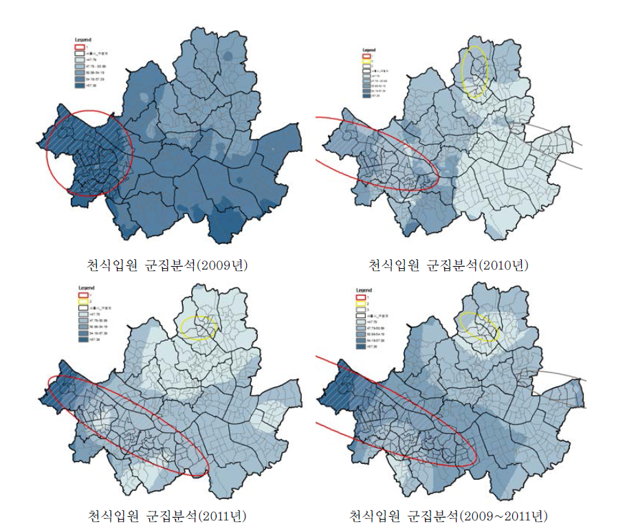 연도별 천식입원 클러스터 분포 및 미세먼지(PM10) 농도 분포