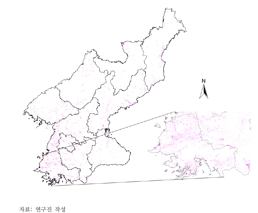 북한의 산림 황폐지(북한 전체 및 황해남도)