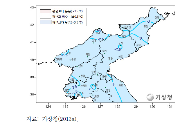 2012년 겨울철 북한 평균기온 평년편차도