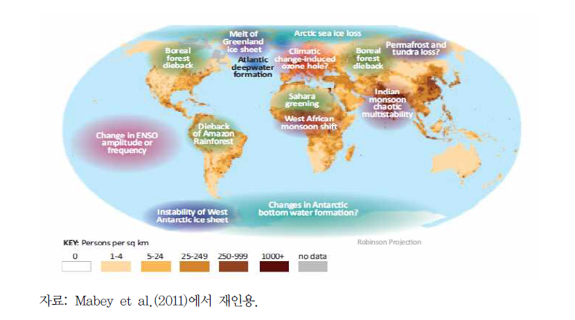 글로벌 기후시스템에서의 티핑 영역 지도