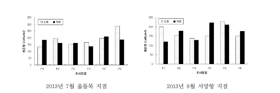 조사 시기에 따른 식물플랑크톤의 정점별 현존량 분포