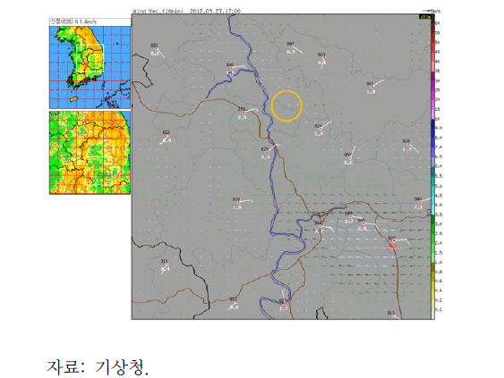 지상기상관측자료: 2012.9.27.17:00, 누출사고지점 중심