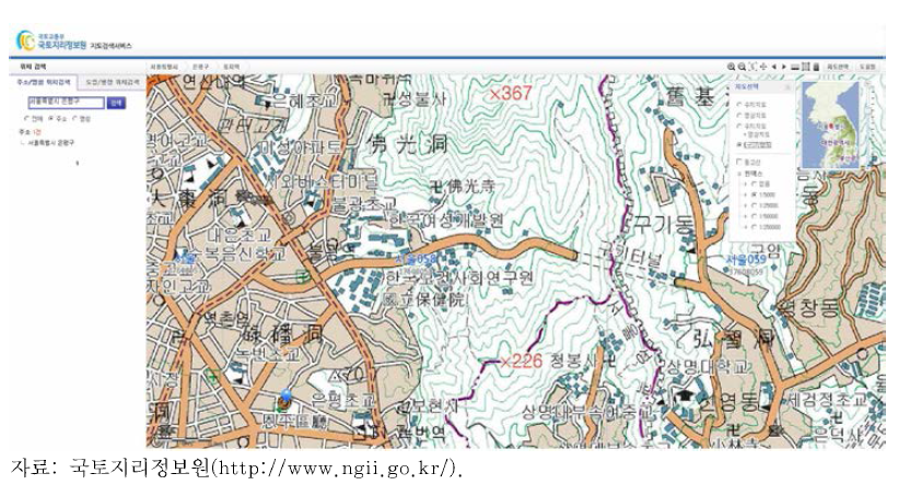 국토지리정보원 지도 검색 서비스 (구)지형도 출력의 예