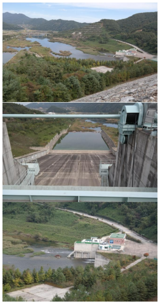 용담댐 전면 전경(상단)과 여수로(중간) 및 발전시설(하단) (2013년 10월)