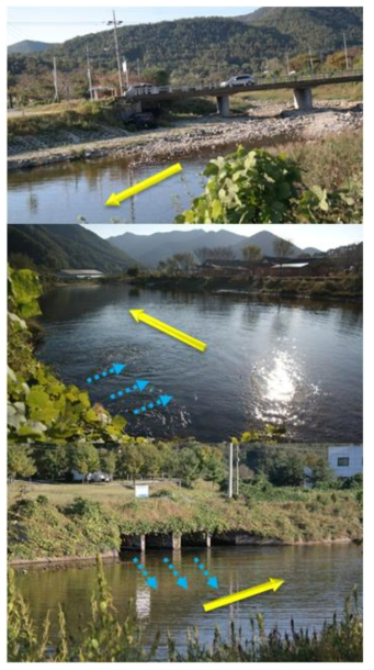 고산천 상류(상단), 용담댐 방류수 유입 모습 후방(중간) 및 전방(하단) (2013년 10월)