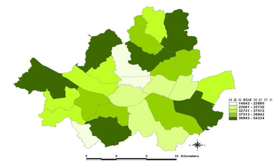 서울시 구별 65세 이상 연령집단의 인구분포