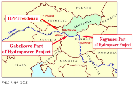 슬로바키아 Gabcikovo보, 헝가리 Nagymaros보, 오스트리아 HPP Freudenau보의 위치