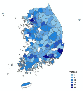 지역별 취수원의 최근 3년(2007~2009) 평균 수질기준 등급 분포