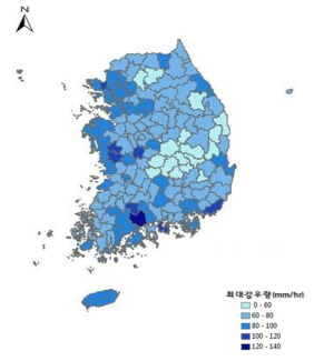 최근 30년간 지역별 1시간 최대 강우량 분포 (한국환경공단, 2012)