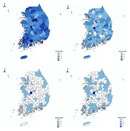 지역별 확률강우량 초과 횟수 분포 현황 (한국환경공단, 2012)