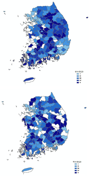 지역별 상하수도처리시설의 에너지 등급 분포