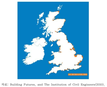 영국 2m 해수면 상승 시 침수지역 예상도