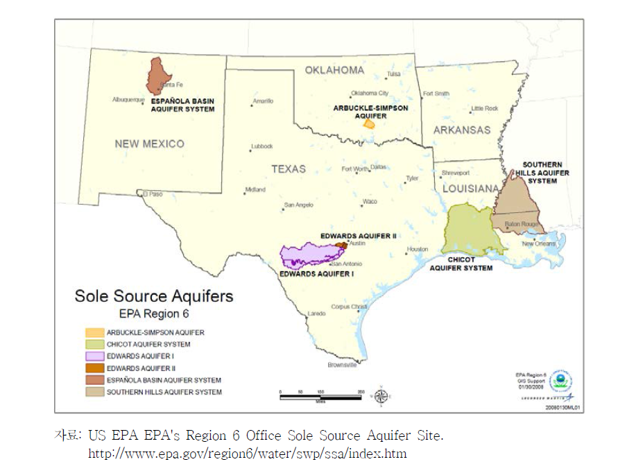 미국 EPA Region 6의 유일 대수층 지정 현황(2012년 7월기준)