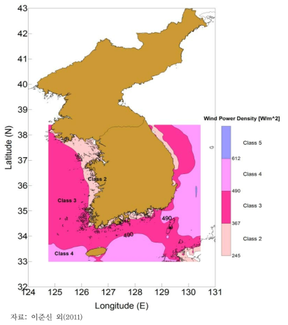 한반도 주변의 바람등급(풍력밀도 기준)