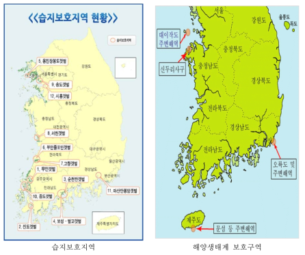 우리나라의 습지보호지역 및 생태계보호구역 현황