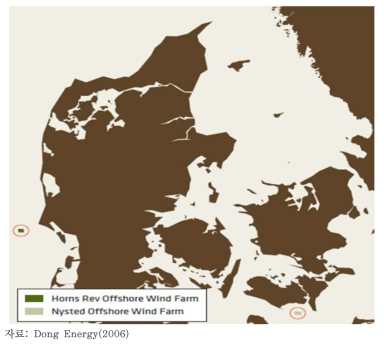 호른스 레우와 뉘스테드 해상풍력발전 단지 위치도