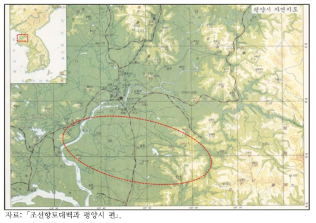 평양시 자연지도 내 곤양강과 강남천의 위치