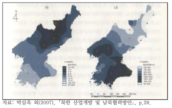 북한의 평균 기온(가)과 평균 강우량(나)의 분포