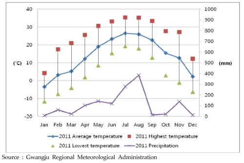 Precipitation and Temperature Change of Gwangju in 2011