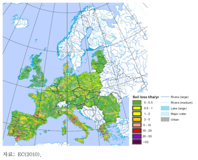 서유럽의 토양 유실량(Pan-Euroapean Soil Erosion Risk Assessment, PESERA)