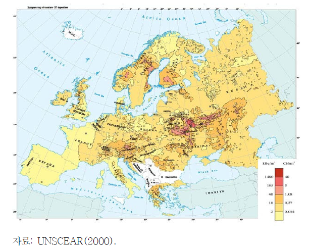 유럽의 Cs-137 지상 침착 오염 농도