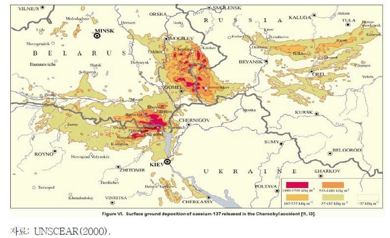 벨라루스, 러시아, 우크라이나의 Cs-137 지상 침착 오염 농도