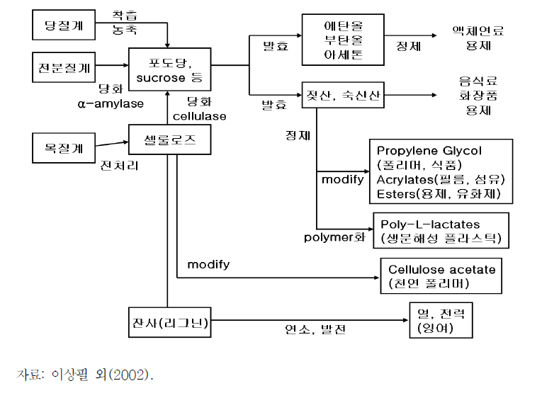 Biorefinery의 생성물과 공정의 개념도