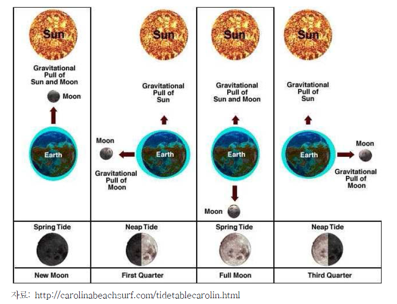 조석 주기의 대조(spring tide)와 소조(neap tide)시 태양, 지구, 달의 상대적 위치