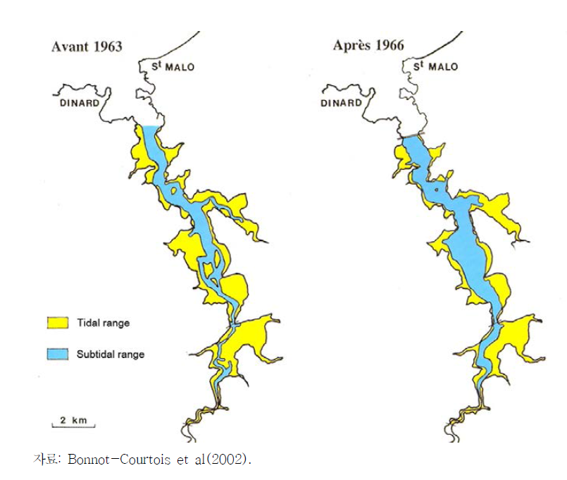 (좌)1963년 이전과 (우)1965년 이후 랑스 유역의 조간대와 조하대 면적