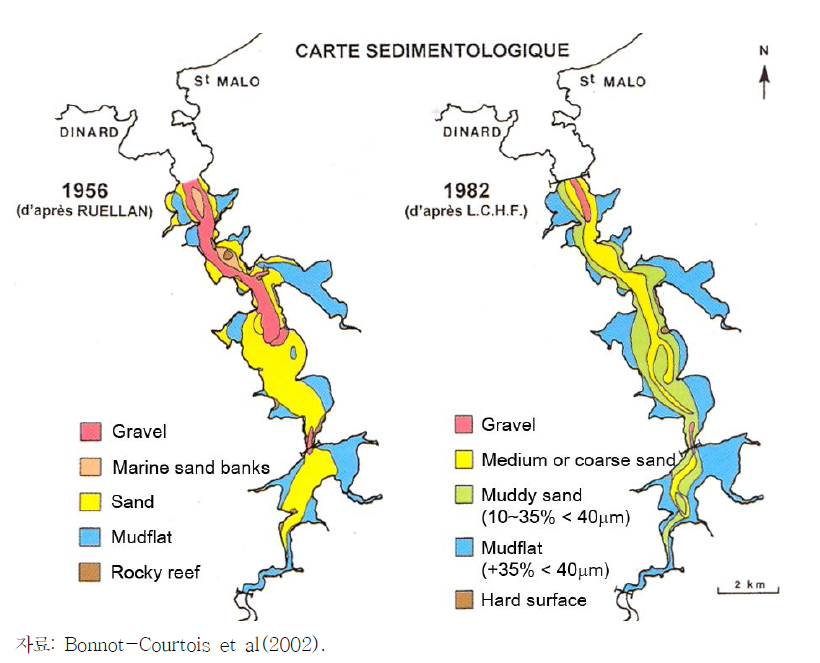 (좌)1956년과 (우)1982년 랑스 유역의 퇴적물 분포