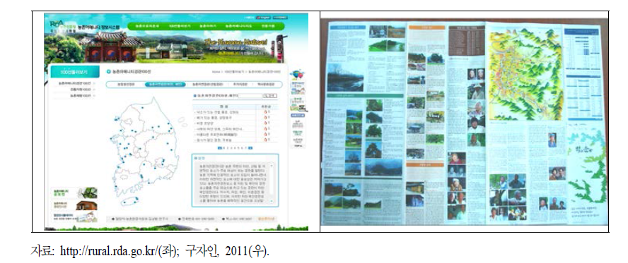 농촌 어메니티 정보시스템(좌)과 진안군 마을자원조사 활동지(우)