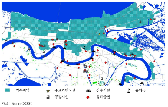 뉴올리언즈의 주요 침수 피해지역과 주요 시설물 위치