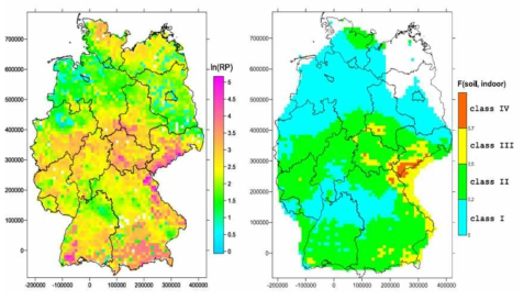 독일의 Nezanl-type의 라돈 위험도 지도(좌)와 Radon index 방식의 라돈 위험도 지도(우)