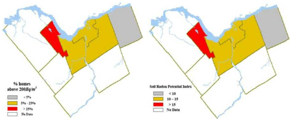 캐나다 Ottawa지역(5개 구역)의 실내 라돈 측정(좌)과 토양 라돈 위험 지수(우)의 비교