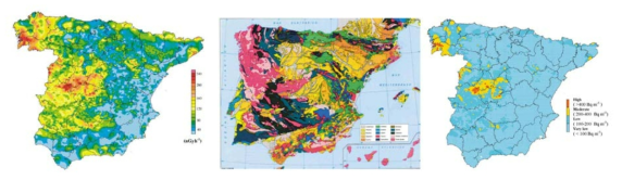 스페인의 천연 감마선 분포 맵(좌), 지질분포도(중), 실내라돈 농도 분포 맵(우)