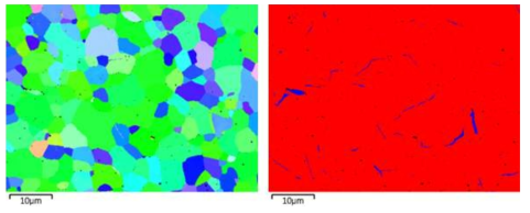 EBSD 분석결과. IPF ND Color Map (좌), Phase Color Map (우)