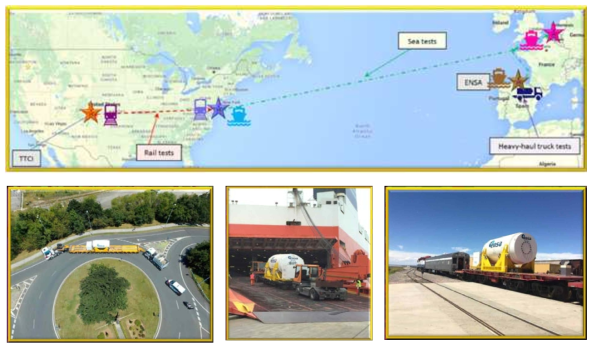 국제공동연구 복합모드운반시험 경로 및 차량, 선박, 철도 운반 모습