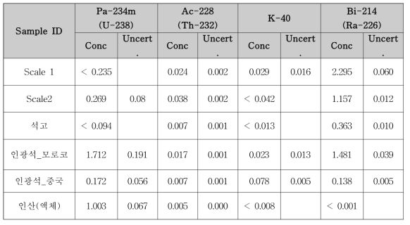 γ-spectrometry를 이용한 공정관련 시료의 천연방사능 핵종 농도