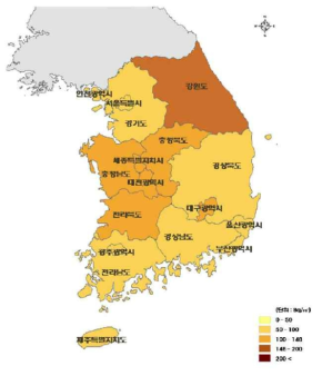 전국 실내 라돈 농도 분포 지도