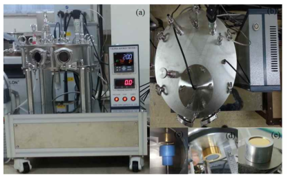 (a) 알파선 조사 실험장치 전면 (b) 알파선 조사 실험장치 윗면 (c) 알파선 조사 실험장치 내부 (d) 알파선 스펙트럼 측정센서 (e) Am-241 선원