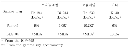 페인트 시료에 대한 방사능 분석 결과