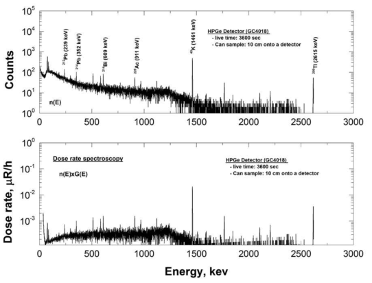 칼륨 시료의 에너지 스펙트럼; 계수율 (위), 선량률 (아래)