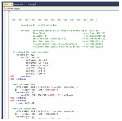 FRAPCON-SFR 서브루틴 연소도의 입력파일 처리