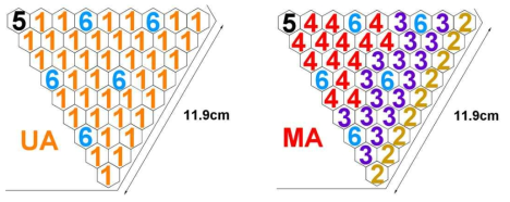 C5G7 H 노심 문제의 집합체 UA 및 MA 평면도 (1: UO2 , 2: MOX 4.3 %, 3:MOX 7.0 %, 4: MOX 8.7 %, 5: Fission Chamber, 6: 안내관)