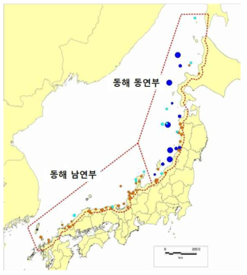 동해 일본쪽 역사지진(M 6.0 이상) 분포