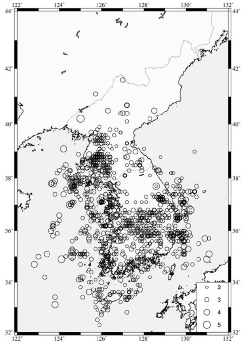 분석에 사용된 지진의 분포.