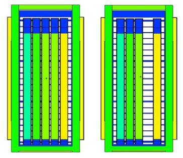 측면 MCNP 모사 결과, 정상상태(왼쪽) 및 전용상태(오른쪽)