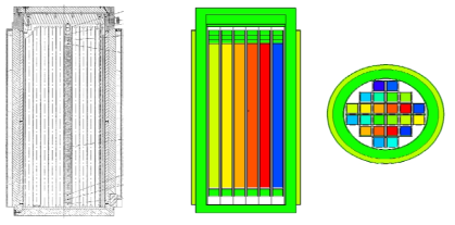HI-STAR100 용기 도면(좌) 및 MCNP 전산모사 결과(우)